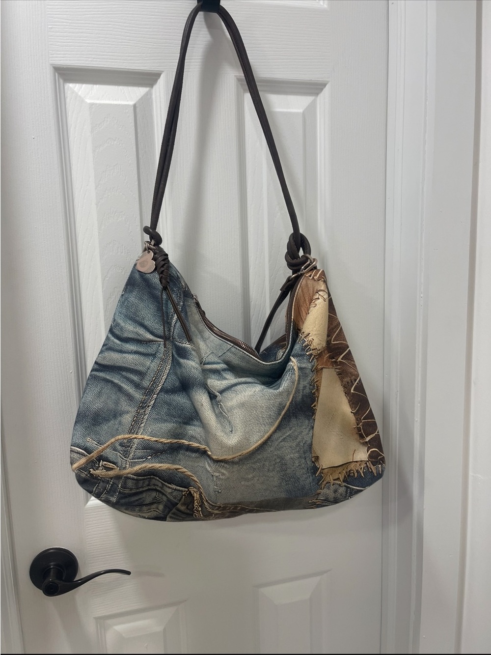 Desigual Blue Denim-Style Hobo with Brown Patchwork Accents